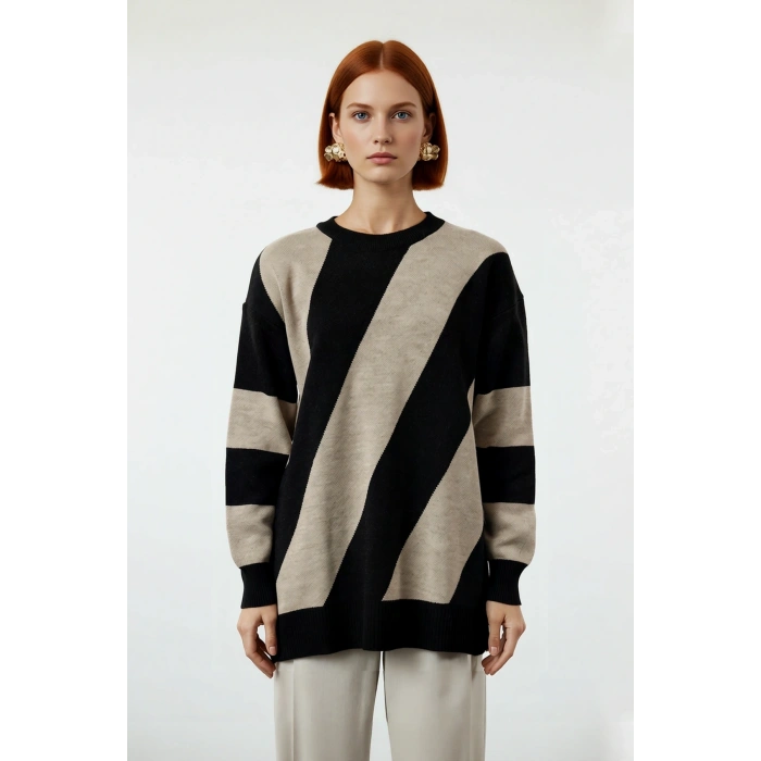 Kadın Basic Bisiklet Yaka Renk Bloklu Düşük Kollu Akrilik Triko Kazak Kış Günleri İçin İdeal