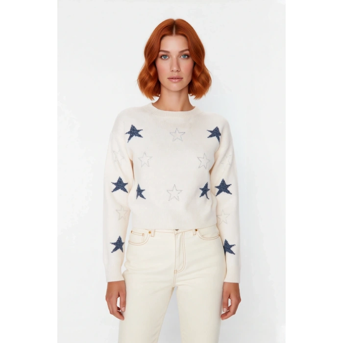 Kadın Basic Bisiklet Yaka Yılbaşı Desenli Crop Triko Kazak Uzun Kollu Kış Sezonu Günlük Stil