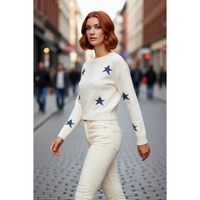 Kadın Basic Bisiklet Yaka Yılbaşı Desenli Crop Triko Kazak Uzun Kollu Kış Sezonu Günlük Stil