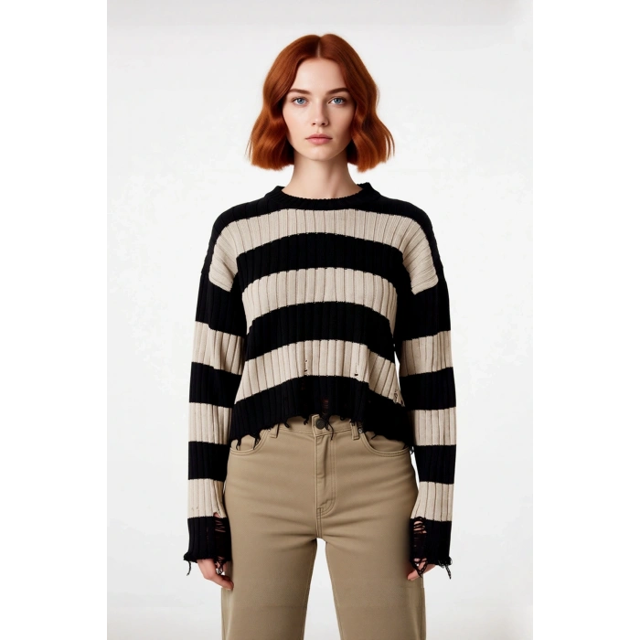 Kadın Basic Çizgili Düşük Kol Akrilik Triko Kazak Crop Kesim Akıtma Detaylı Konforlu Stil Kaliteli