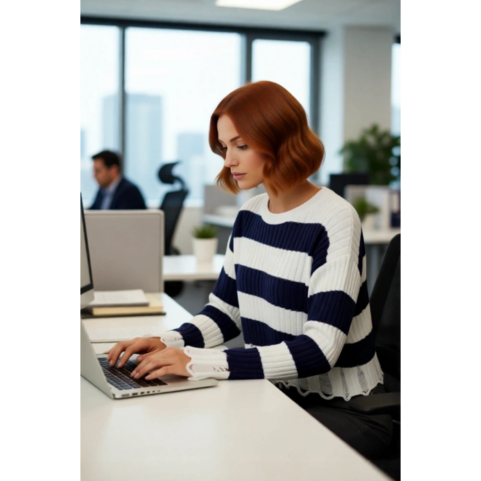 Kadın Basic Çizgili Düşük Kol Akrilik Triko Kazak Crop Kesim Akıtma Detaylı Konforlu Stil Kaliteli