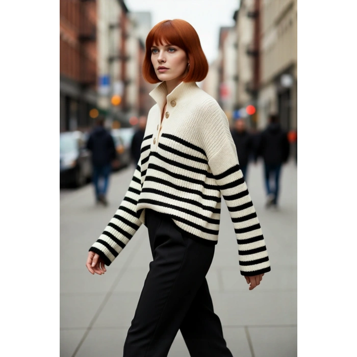 Kadın Basic Çizgili Oversize Dik Yaka Triko Kazak Uzun Kollu Crop Rahat Sonbahar Kış Kaliteli