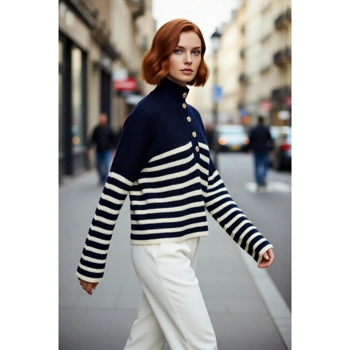 Kadın Basic Çizgili Oversize Dik Yaka Triko Kazak Uzun Kollu Crop Rahat Sonbahar Kış Kaliteli