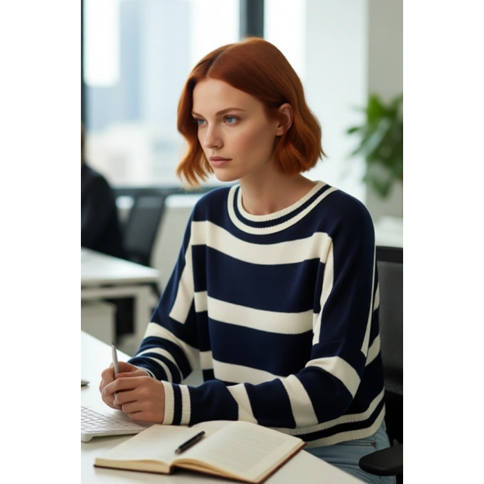 Kadın Basic Çizgili Oversize Triko Crop Kazak Düşük Kol Rahat Kesim Şık Görünüm Kaliteli