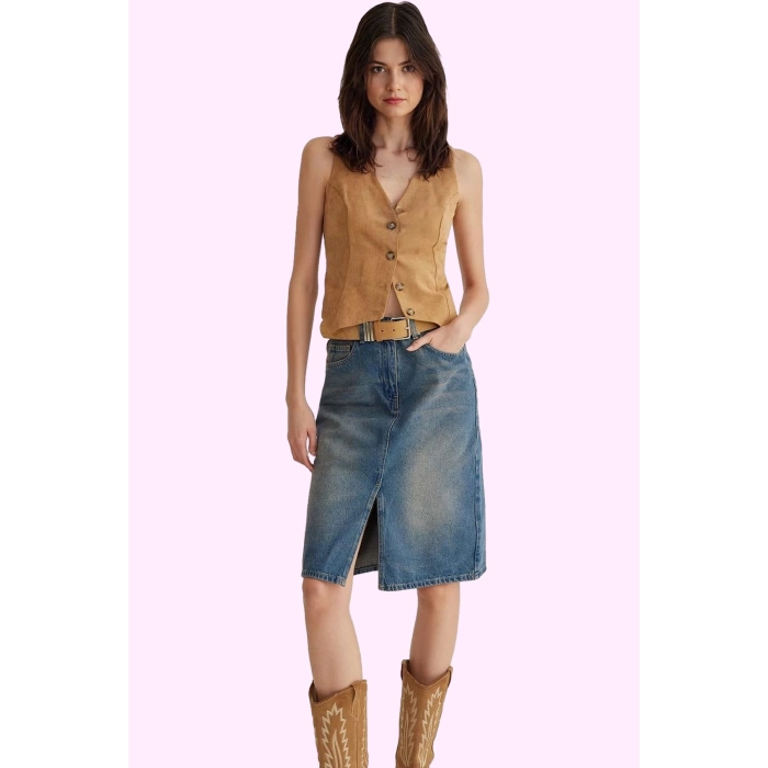 Kadın Basic Denim Midi Etek; Yırtmaçlı Rahat Pamuk Günlük Kullanım Yaz Aylarının Vazgeçilmezi