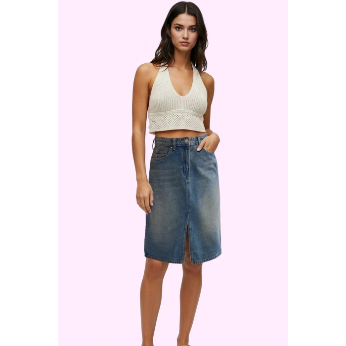 Kadın Basic Denim Midi Etek; Yırtmaçlı Rahat Pamuk Günlük Kullanım Yaz Aylarının Vazgeçilmezi