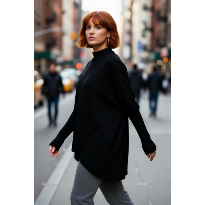 Kadın Basic Dik Yaka Triko Kazak Relaxed Fit Rahatlık ve Günlük Şıklık Sunan Siyah Kaliteli