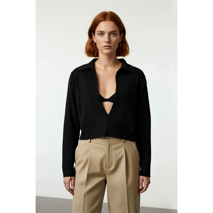 Kadın Basic Düz Crop Triko Kazak Polo Yaka Uzun Kollu Regular Kalıp İlkbahar Sonbahar Kaliteli