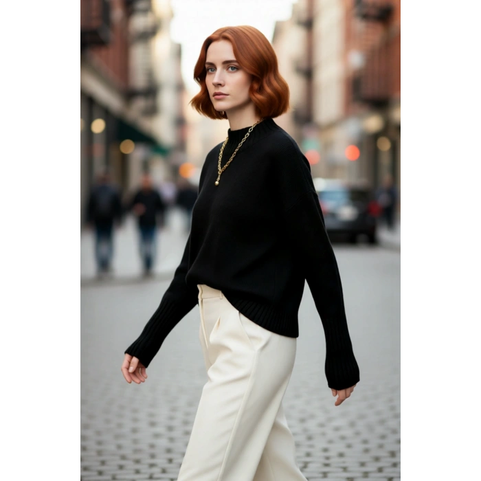 Kadın Basic Düz Desen Oversize Kesim Dik Yaka Triko Kazak Reglan Kol Kış Aylarının Konforlu Şıklığı