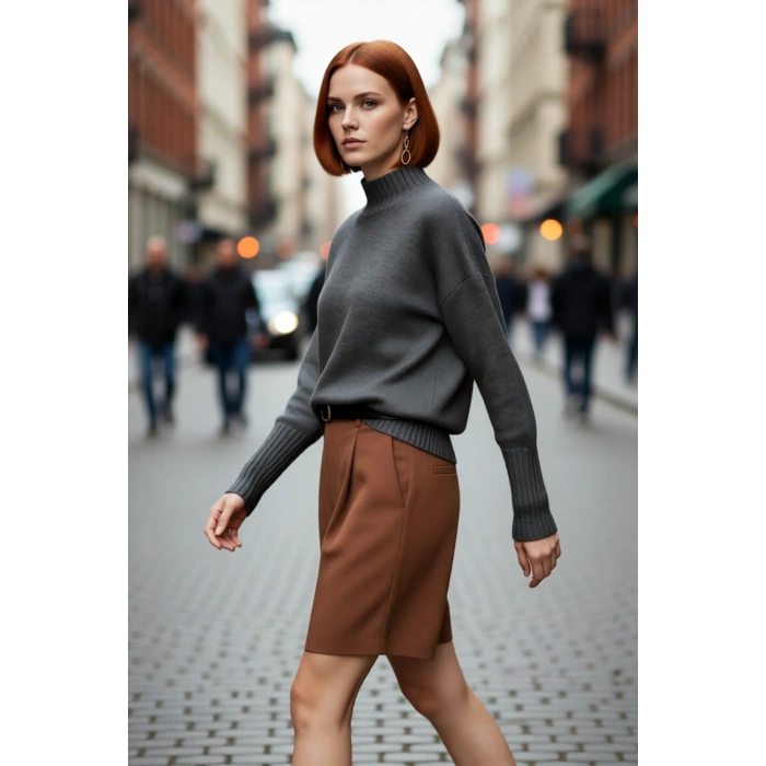 Kadın Basic Düz Desen Oversize Kesim Dik Yaka Triko Kazak Reglan Kol Kış Aylarının Konforlu Şıklığı