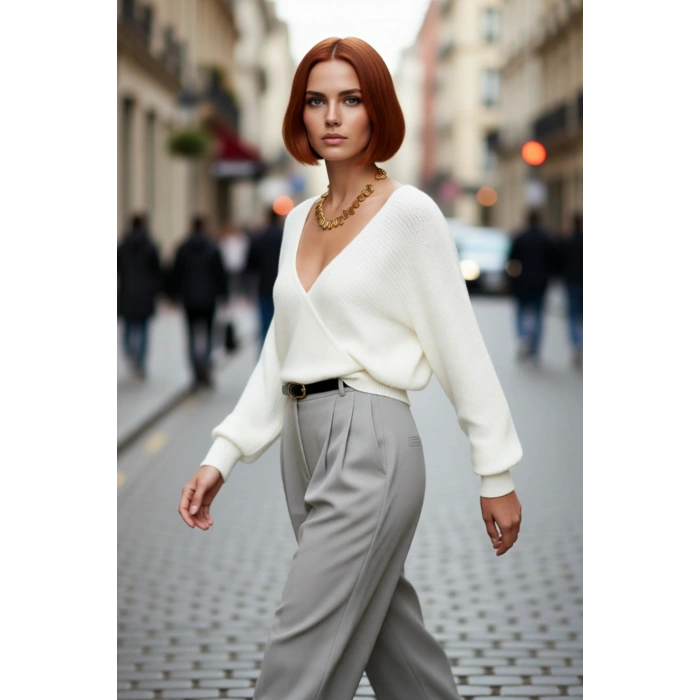 Kadın Basic Düz Desen Yarasa Kol Uzun Kollu Orta Kalınlık Akrilik Süper Crop Triko Kazak Kaliteli