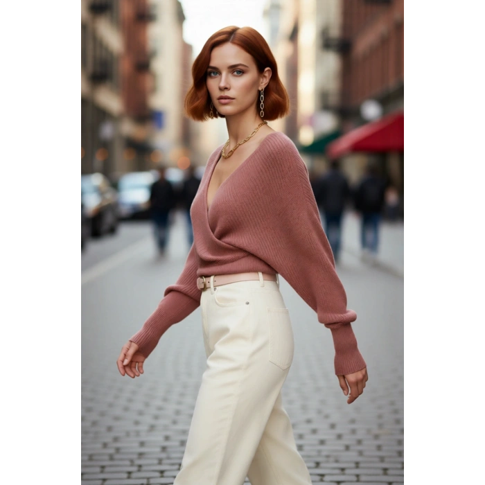 Kadın Basic Düz Desen Yarasa Kol Uzun Kollu Orta Kalınlık Akrilik Süper Crop Triko Kazak Kaliteli