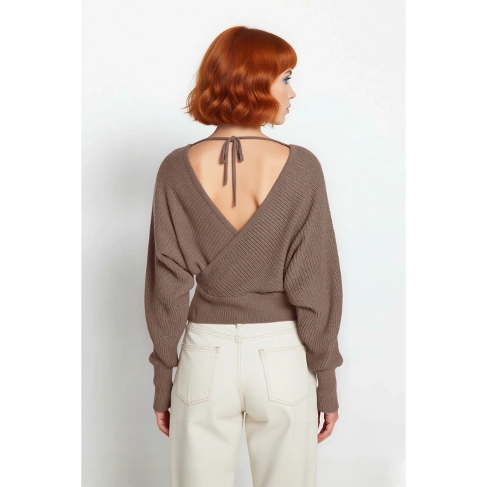 Kadın Basic Düz Desen Yarasa Kol Uzun Kollu Orta Kalınlık Akrilik Süper Crop Triko Kazak Kaliteli