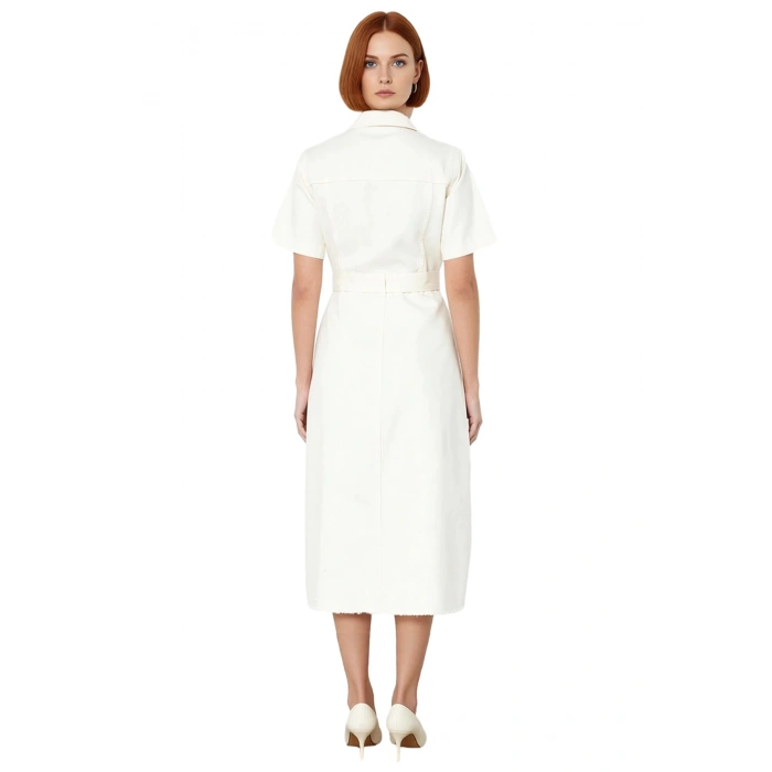 Kadın Basic Ekru Kısa Kollu Rigid Dokuma Kemerli %100 Pamuk Denim Maxi Elbise Kaliteli Şık
