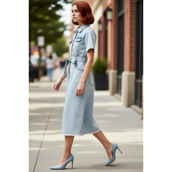 Kadın Basic Ekru Kısa Kollu Rigid Dokuma Kemerli %100 Pamuk Denim Maxi Elbise Kaliteli Şık