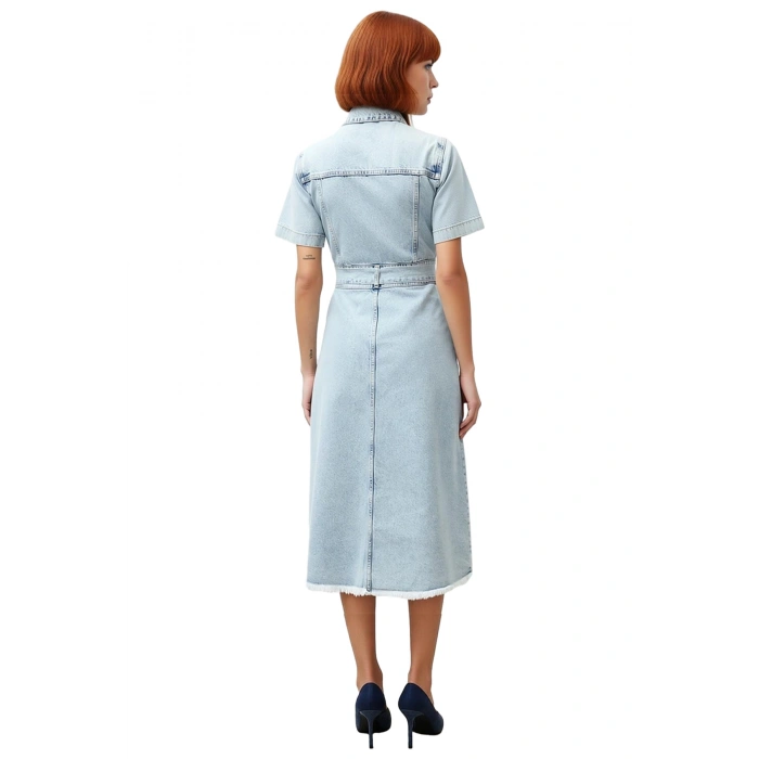 Kadın Basic Ekru Kısa Kollu Rigid Dokuma Kemerli %100 Pamuk Denim Maxi Elbise Kaliteli Şık