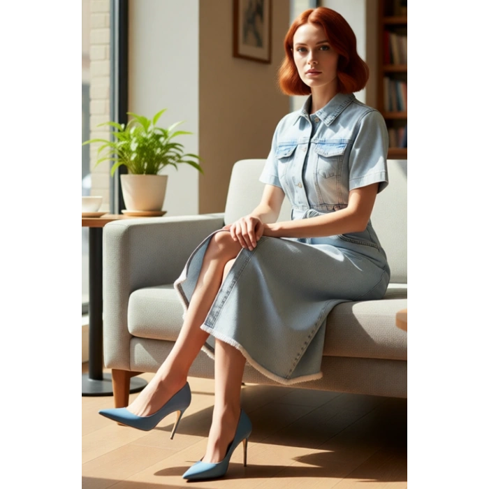 Kadın Basic Ekru Kısa Kollu Rigid Dokuma Kemerli %100 Pamuk Denim Maxi Elbise Kaliteli Şık