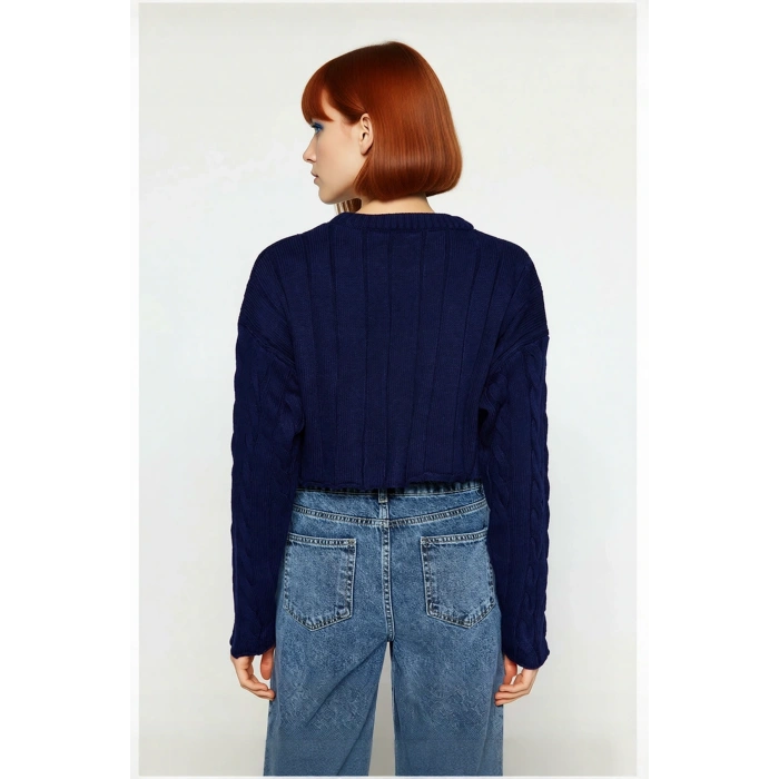 Kadın Basic Ekru Regular Fit Süper Crop Saç Örgü Bisiklet Yaka Uzun Kollu Akrilik Triko Kazak