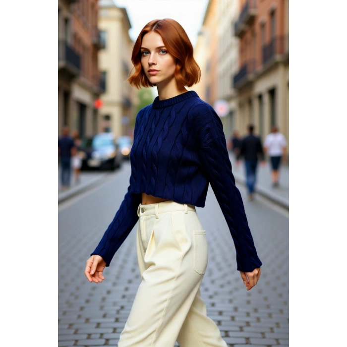 Kadın Basic Ekru Regular Fit Süper Crop Saç Örgü Bisiklet Yaka Uzun Kollu Akrilik Triko Kazak