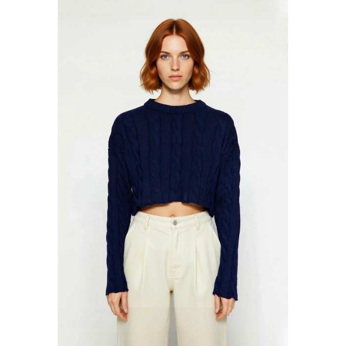 Kadın Basic Ekru Regular Fit Süper Crop Saç Örgü Bisiklet Yaka Uzun Kollu Akrilik Triko Kazak