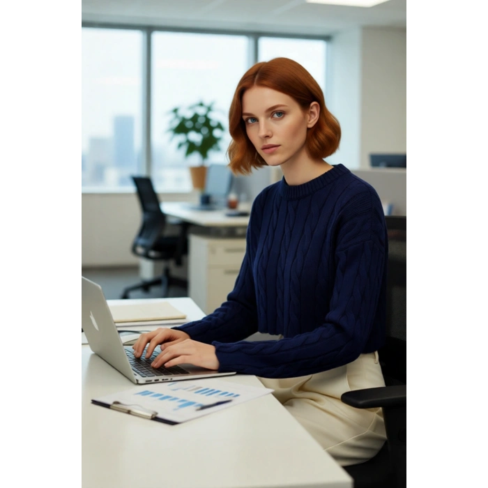 Kadın Basic Ekru Regular Fit Süper Crop Saç Örgü Bisiklet Yaka Uzun Kollu Akrilik Triko Kazak