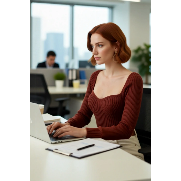 Kadın Basic Fitilli Crop Kahverengi Uzun Kol Kalp Yaka Akrilik Triko Kazak Rahat Gündüz Kombin