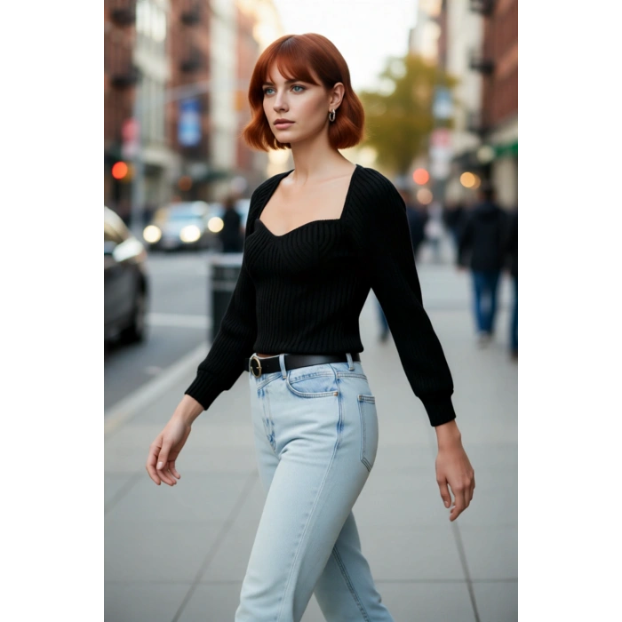 Kadın Basic Fitilli Crop Kahverengi Uzun Kol Kalp Yaka Akrilik Triko Kazak Rahat Gündüz Kombin