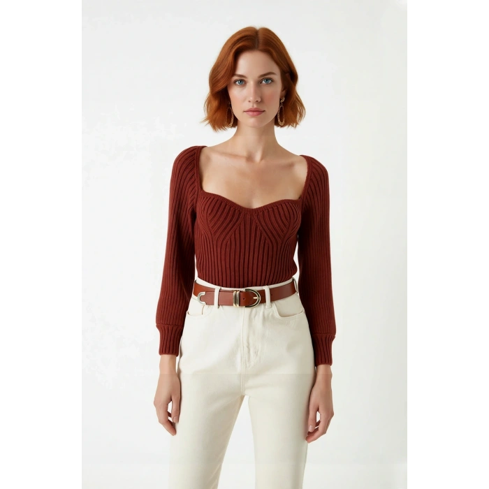 Kadın Basic Fitilli Crop Kahverengi Uzun Kol Kalp Yaka Akrilik Triko Kazak Rahat Gündüz Kombin