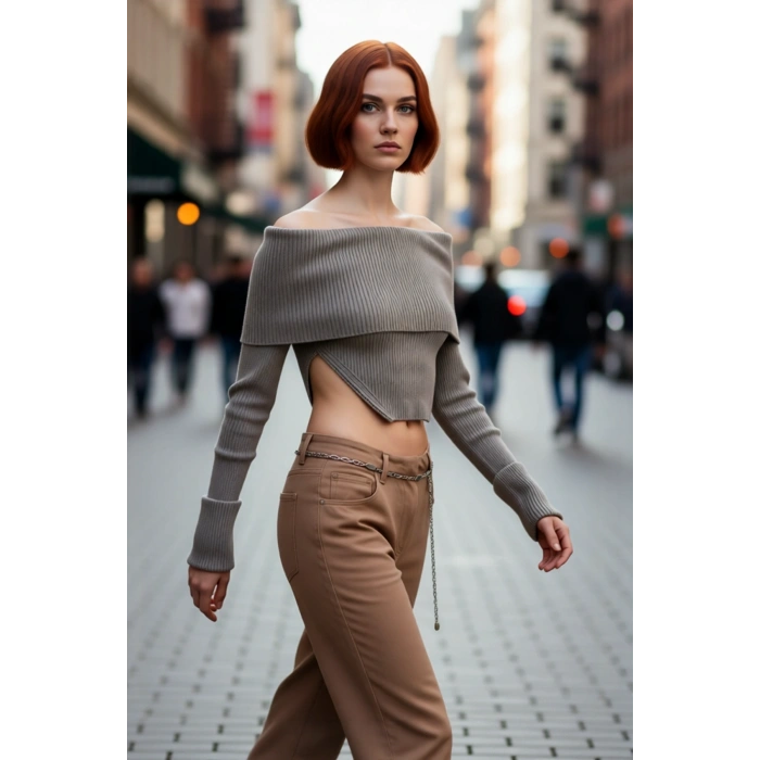 Kadın Basic Fitilli Triko Kazak Carmen Yaka Ve Super Crop Kesimiyle Modern Şıklık Sunar Kaliteli