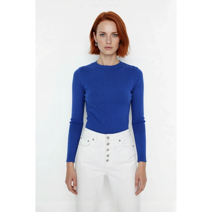 Kadın Basic Fitted Bisiklet Yaka Uzun Kollu Triko Kazak İlkbahar Sonbahar Günlük Stilin Anahtarı