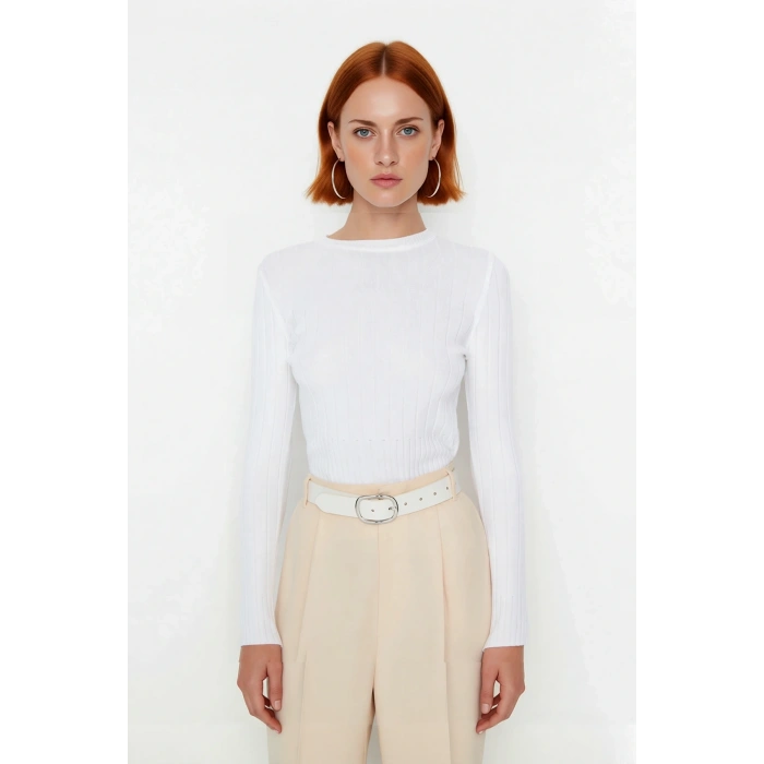 Kadın Basic Fitted Bisiklet Yaka Uzun Kollu Triko Kazak İlkbahar Sonbahar Günlük Stilin Anahtarı