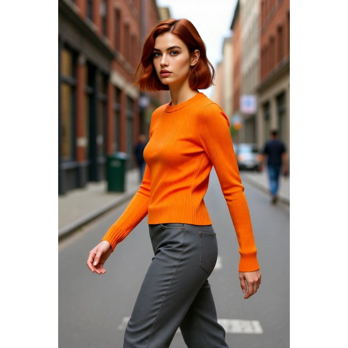 Kadın Basic Fitted Bisiklet Yaka Uzun Kollu Triko Kazak İlkbahar Sonbahar Günlük Stilin Anahtarı