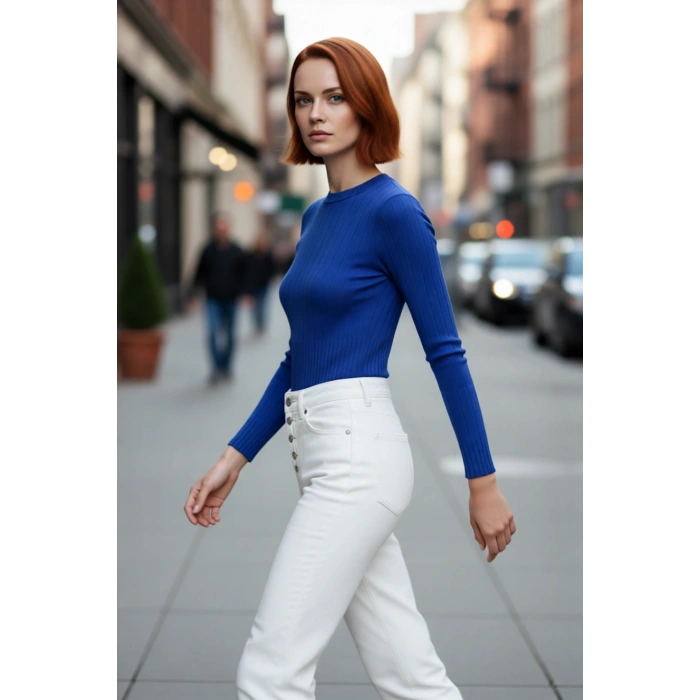 Kadın Basic Fitted Bisiklet Yaka Uzun Kollu Triko Kazak İlkbahar Sonbahar Günlük Stilin Anahtarı