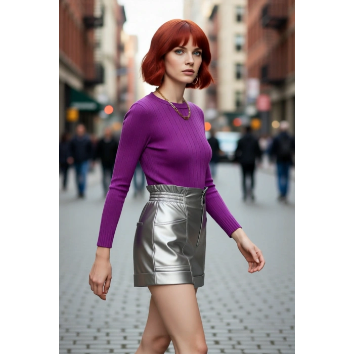 Kadın Basic Fitted Bisiklet Yaka Uzun Kollu Triko Kazak İlkbahar Sonbahar Günlük Stilin Anahtarı