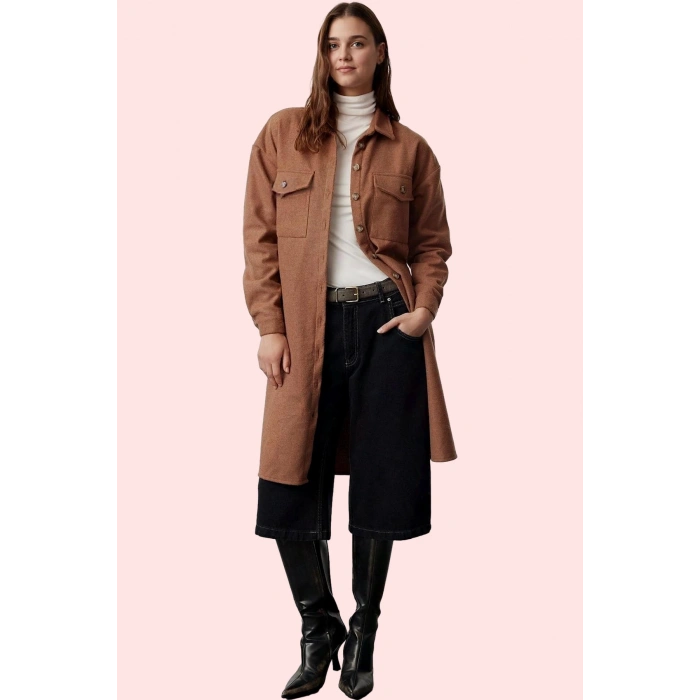 Kadın Basic Flanel Gömlek; Uzun Kol Çift Cep Yırtmaçlı Detay Günlük Kullanım Modern Tasarım