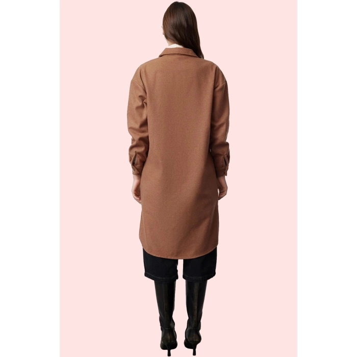 Kadın Basic Flanel Gömlek; Uzun Kol Çift Cep Yırtmaçlı Detay Günlük Kullanım Modern Tasarım