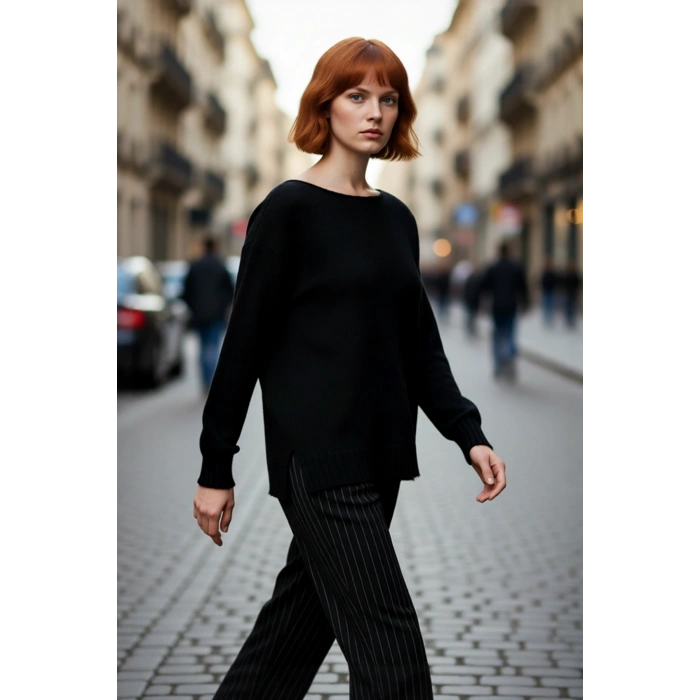 Kadın Basic Kayık Yaka Oversize Triko Kazak Rahat Ve Şık İlkbahar Sonbahar Günlerine Özel Kaliteli