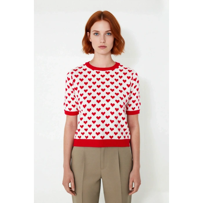 Kadın Basic Kısa Kollu Bisiklet Yaka Kalp Desenli Triko Bluz İlkbahar Sonbahar Stili Kaliteli