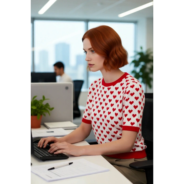 Kadın Basic Kısa Kollu Bisiklet Yaka Kalp Desenli Triko Bluz İlkbahar Sonbahar Stili Kaliteli