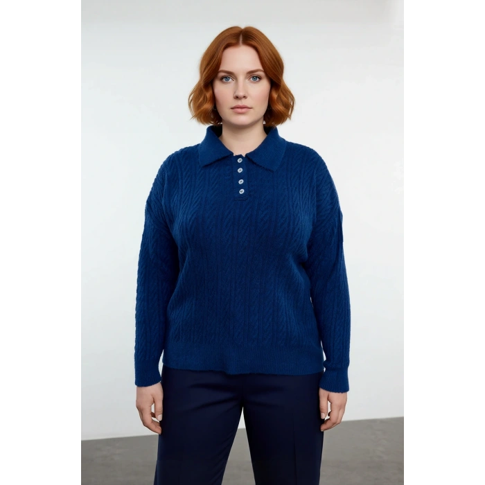Kadın Basic Mavi Polo Yaka Saç Örgü Detaylı Kalın Triko Kazak Soğuk Havalarda Sıcak Tutar Kaliteli