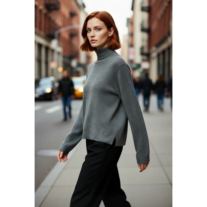 Kadın Basic Oversize Balıkçı Yaka Triko Kazak Standart Kol Rahatlığıyla Kış Sezonu Vazgeçilmezi