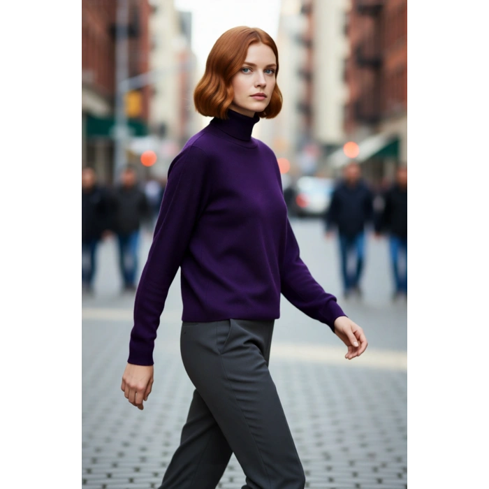 Kadın Basic Oversize Balıkçı Yaka Triko Kazak Standart Kol Rahatlığıyla Kış Sezonu Vazgeçilmezi