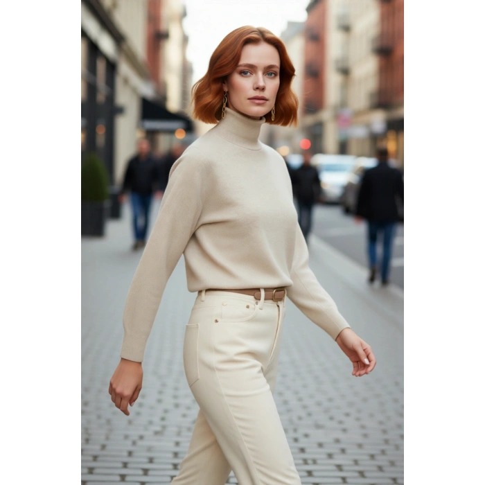 Kadın Basic Oversize Balıkçı Yaka Triko Kazak Standart Kol Rahatlığıyla Kış Sezonu Vazgeçilmezi