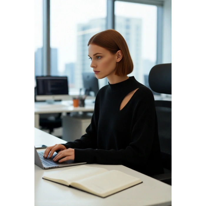 Kadın Basic Oversize Bisiklet Yaka Cut Out Triko Kazak Akrilik Fitilli Uzun Boy Kışlık Rahatlık