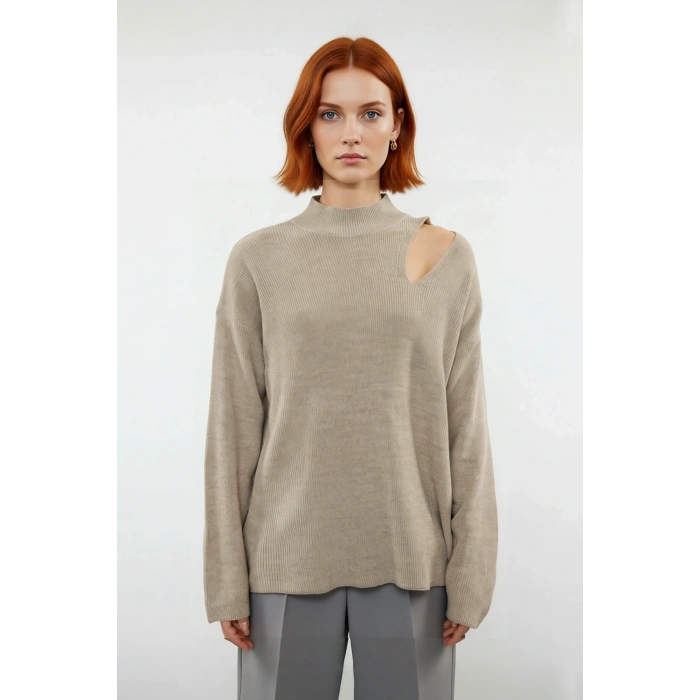 Kadın Basic Oversize Bisiklet Yaka Cut Out Triko Kazak Akrilik Fitilli Uzun Boy Kışlık Rahatlık