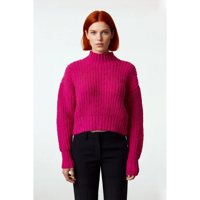 Kadın Basic Oversize Crop Dik Yaka Soğuk Havalar İçin Uzun Kol Kalın Triko Kazak Kaliteli Şık