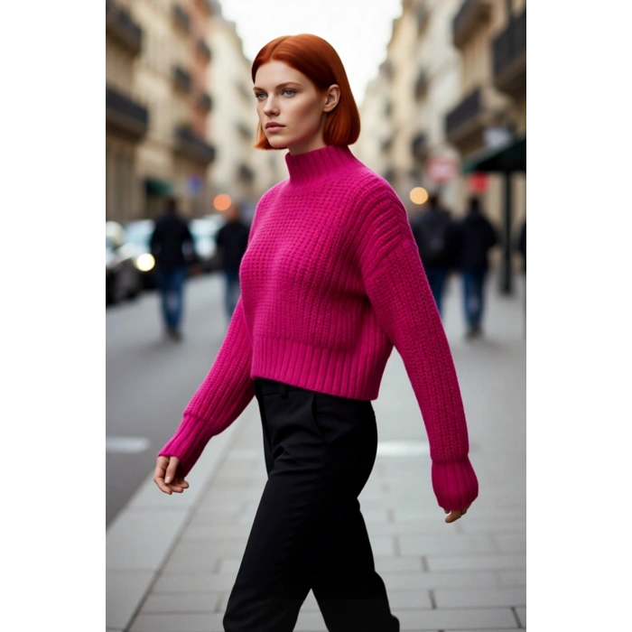 Kadın Basic Oversize Crop Dik Yaka Soğuk Havalar İçin Uzun Kol Kalın Triko Kazak Kaliteli Şık