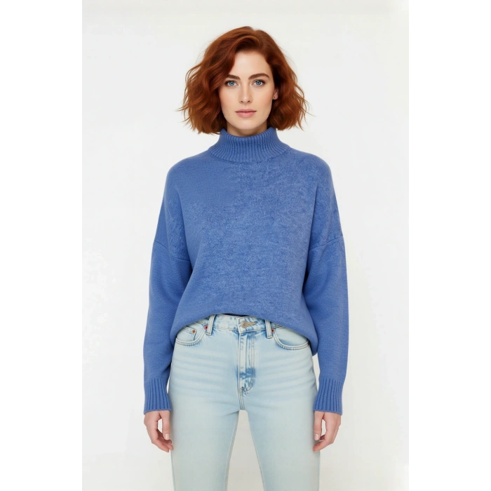 Kadın Basic Oversize Dik Yaka Triko Kazak Düşük Kol Uzun Boy Kışlık Günlük Şıklık Sunar Kaliteli