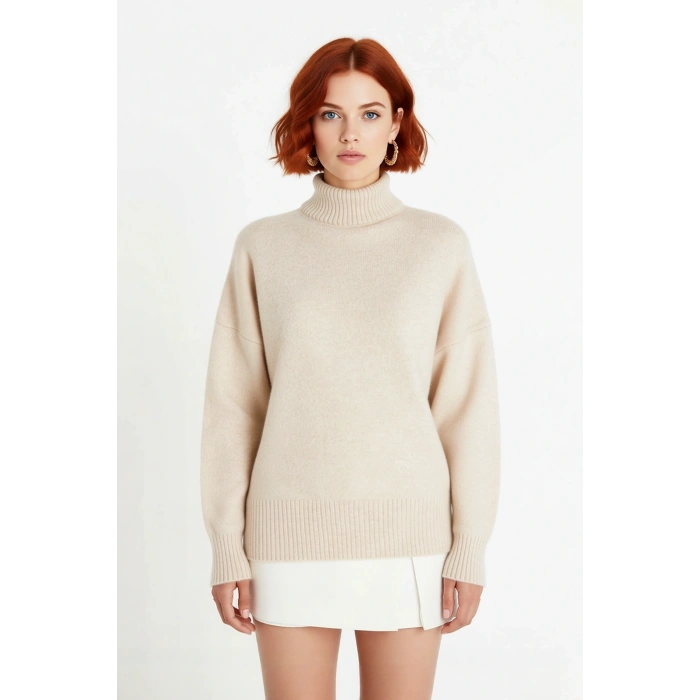 Kadın Basic Oversize Dik Yaka Triko Kazak Düşük Kol Uzun Boy Kışlık Günlük Şıklık Sunar Kaliteli