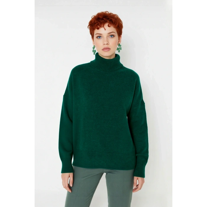 Kadın Basic Oversize Dik Yaka Triko Kazak Düşük Kol Uzun Boy Kışlık Günlük Şıklık Sunar Kaliteli